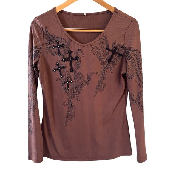 Y2K Cross Top Women Medium Grunge Angel Streetwear Ribbed Skater Cyber Emo Studs - Picture 1 of 10